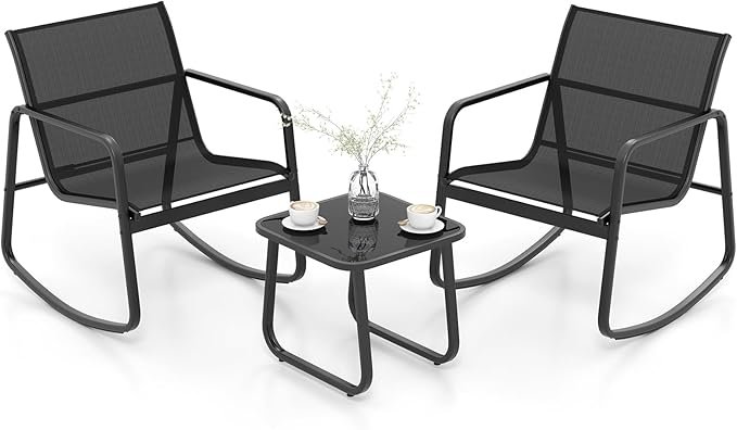 COSTWAY Conjunto de Bistró 3 Piezas – 2 Mecedoras y Mesa con Tapa de Vidrio