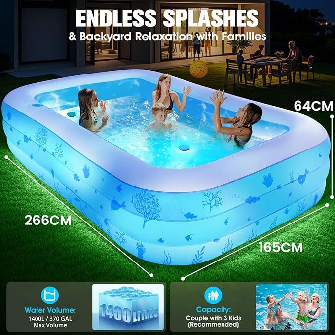 DeeprBling Piscina Hinchable con Luces y Asiento 266x165x64 cm