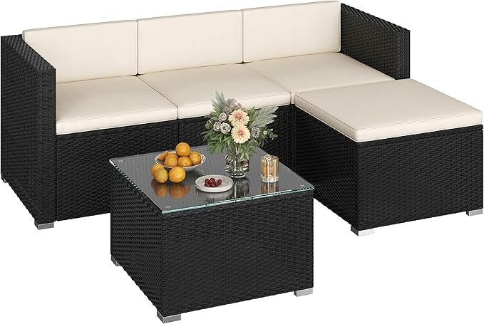 Yaheetech Muebles de Jardín 5 Piezas con Cojines – Sofá, Taburete y Mesa